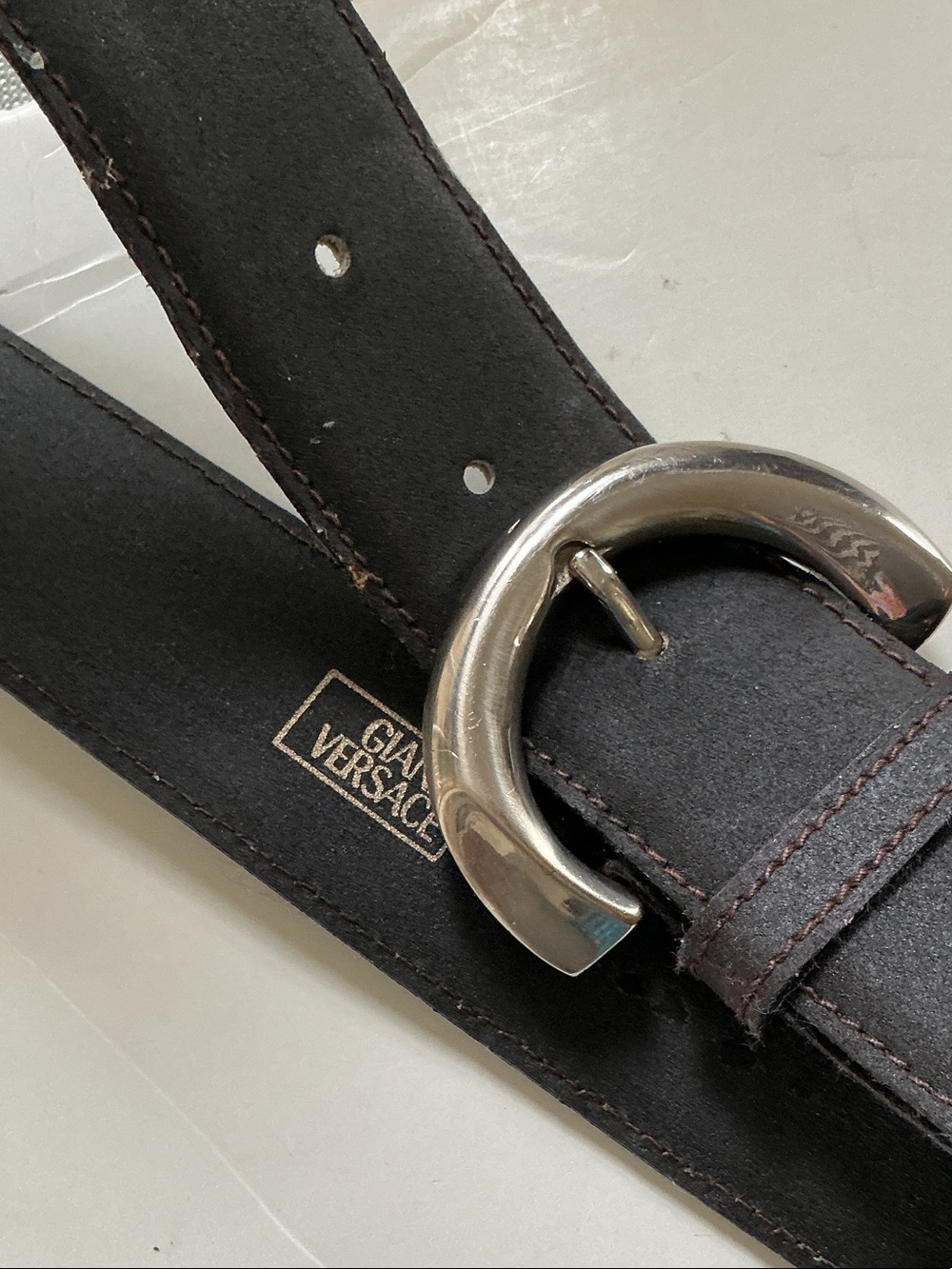 Versace Dark brown Leather Belt with Polished Silver Crescent Buckle